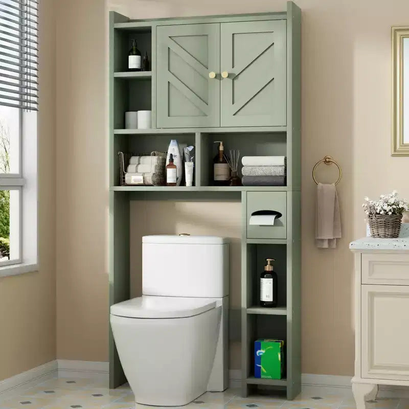 Celebalcony Over The Toilet Storage Cabinet with Barn Doors & Toilet Paper Holder for Bathroom Space Saver, Adjustable Shelf and Anti-Tip Device