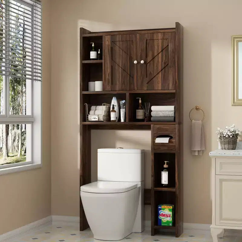 Celebalcony Over The Toilet Storage Cabinet with Barn Doors & Toilet Paper Holder for Bathroom Space Saver, Adjustable Shelf and Anti-Tip Device