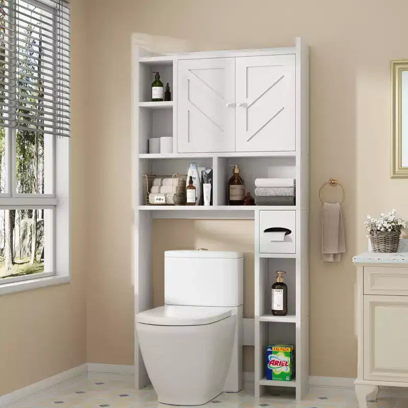 Celebalcony Over The Toilet Storage Cabinet with Barn Doors & Toilet Paper Holder for Bathroom Space Saver, Adjustable Shelf and Anti-Tip Device