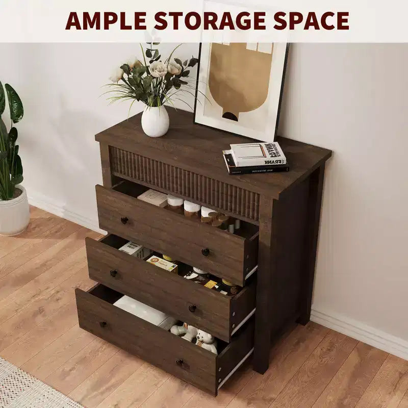Fluted 3 Drawer Dresser, 3 Chest of Drawers Nightstand with Fluted Design, 32 Tall Wooden Dresser Closet for Bedroom Living Room Nursery