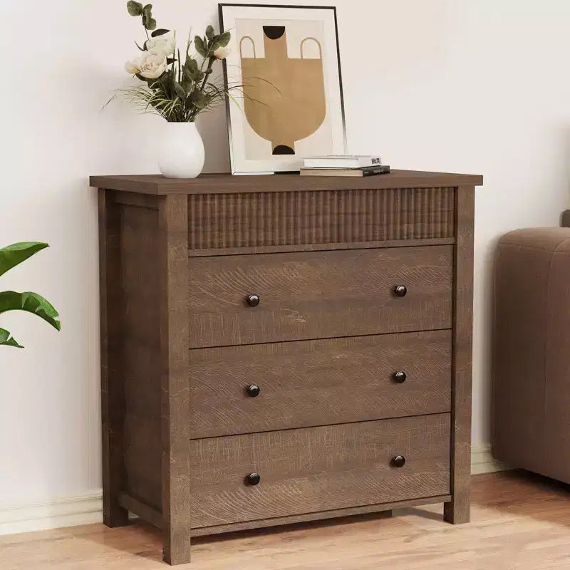 Fluted 3 Drawer Dresser, 3 Chest of Drawers Nightstand with Fluted Design, 32 Tall Wooden Dresser Closet for Bedroom Living Room Nursery