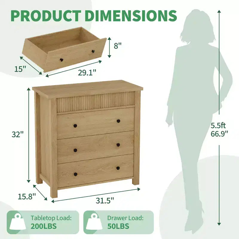 Fluted 3 Drawer Dresser, 3 Chest of Drawers Nightstand with Fluted Design, 32 Tall Wooden Dresser Closet for Bedroom Living Room Nursery
