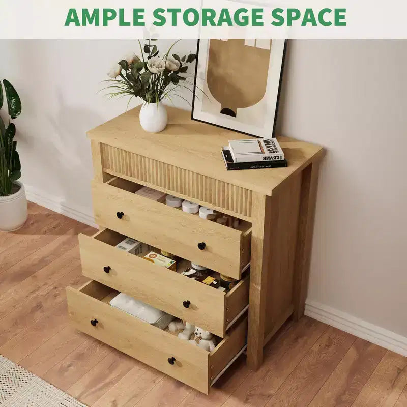 Fluted 3 Drawer Dresser, 3 Chest of Drawers Nightstand with Fluted Design, 32 Tall Wooden Dresser Closet for Bedroom Living Room Nursery