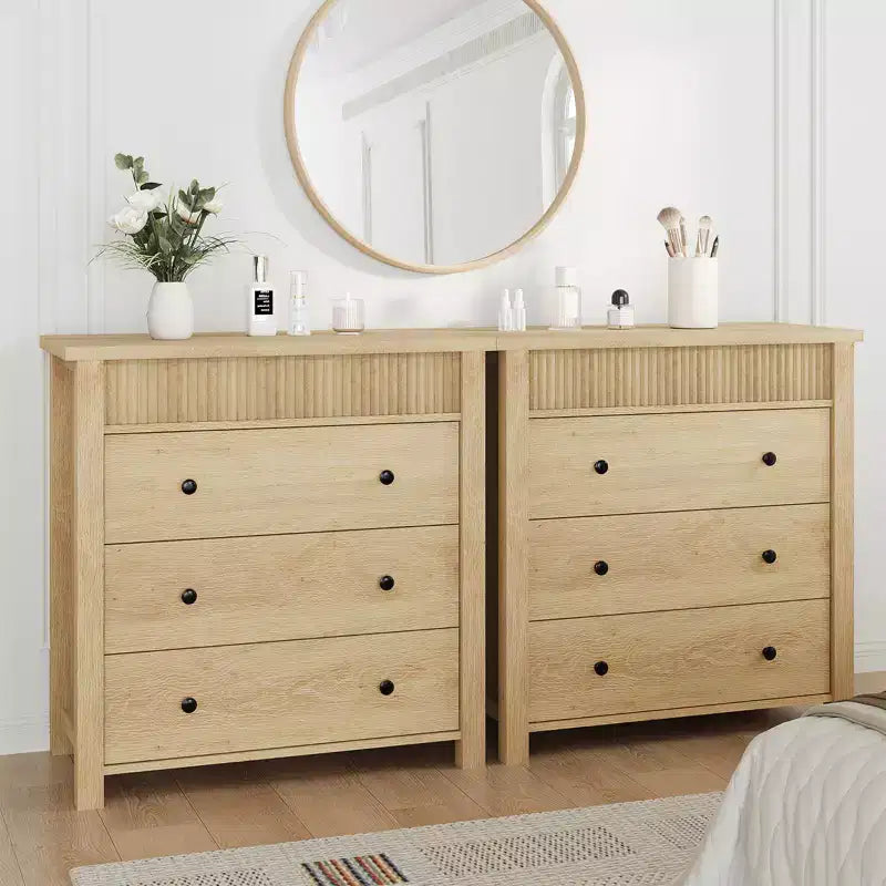 Fluted 3 Drawer Dresser, 3 Chest of Drawers Nightstand with Fluted Design, 32 Tall Wooden Dresser Closet for Bedroom Living Room Nursery