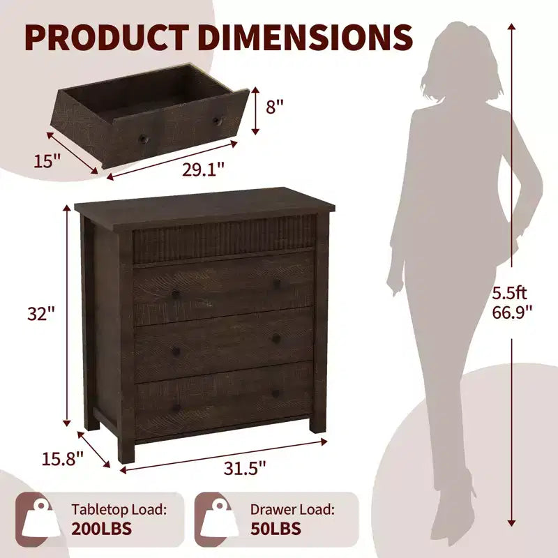 Fluted 3 Drawer Dresser, 3 Chest of Drawers Nightstand with Fluted Design, 32 Tall Wooden Dresser Closet for Bedroom Living Room Nursery