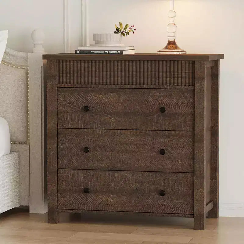 Fluted 3 Drawer Dresser, 3 Chest of Drawers Nightstand with Fluted Design, 32 Tall Wooden Dresser Closet for Bedroom Living Room Nursery