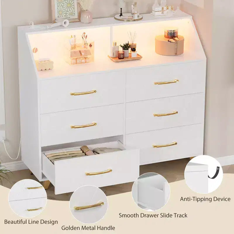 6-Drawer Dresser, Modern Wooden Bedroom Chest of Drawers With Storage Drawers, Farmhouse Style TV Stand for Living Room, Bedroom, Hallway