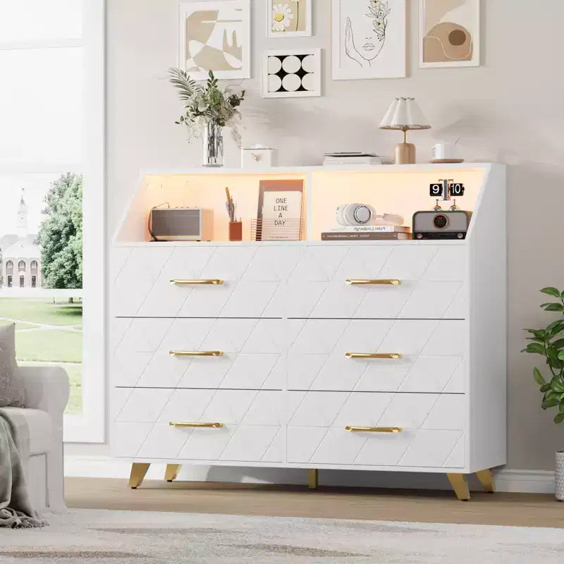 6-Drawer Dresser, Modern Wooden Bedroom Chest of Drawers With Storage Drawers, Farmhouse Style TV Stand for Living Room, Bedroom, Hallway