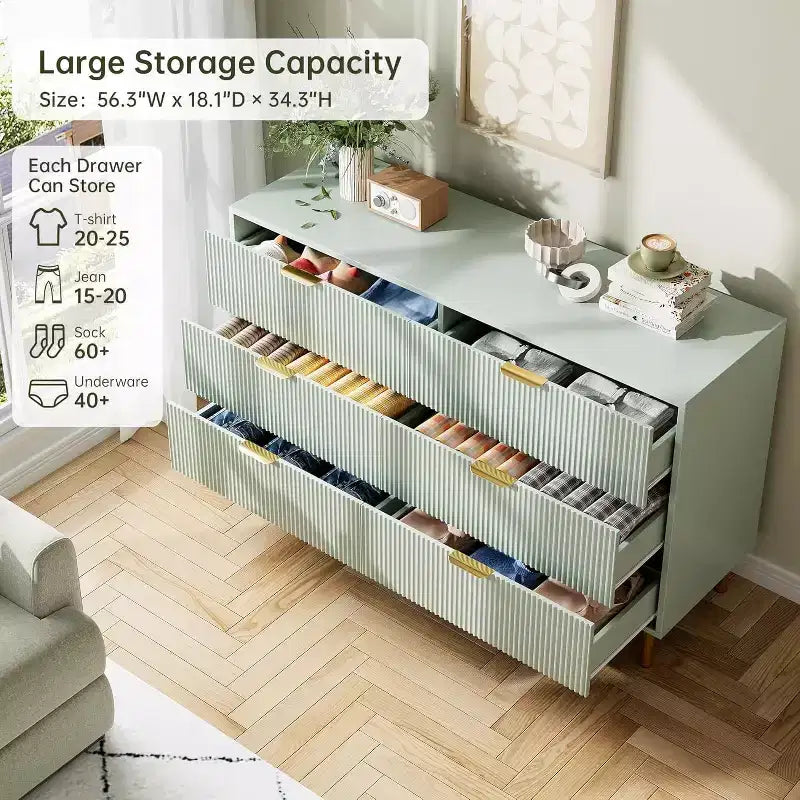 6-Drawer Dresser, Modern Wooden Bedroom Chest of Drawers With Storage Drawers, Farmhouse Style TV Stand for Living Room, Bedroom, Hallway