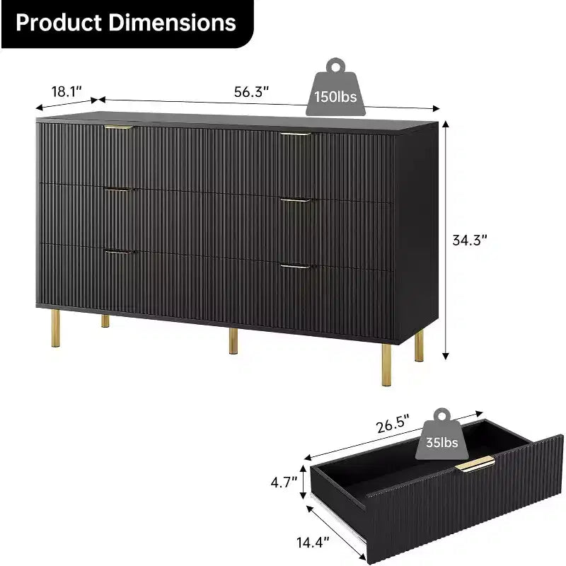 6-Drawer Dresser, Modern Wooden Bedroom Chest of Drawers With Storage Drawers, Farmhouse Style TV Stand for Living Room, Bedroom, Hallway