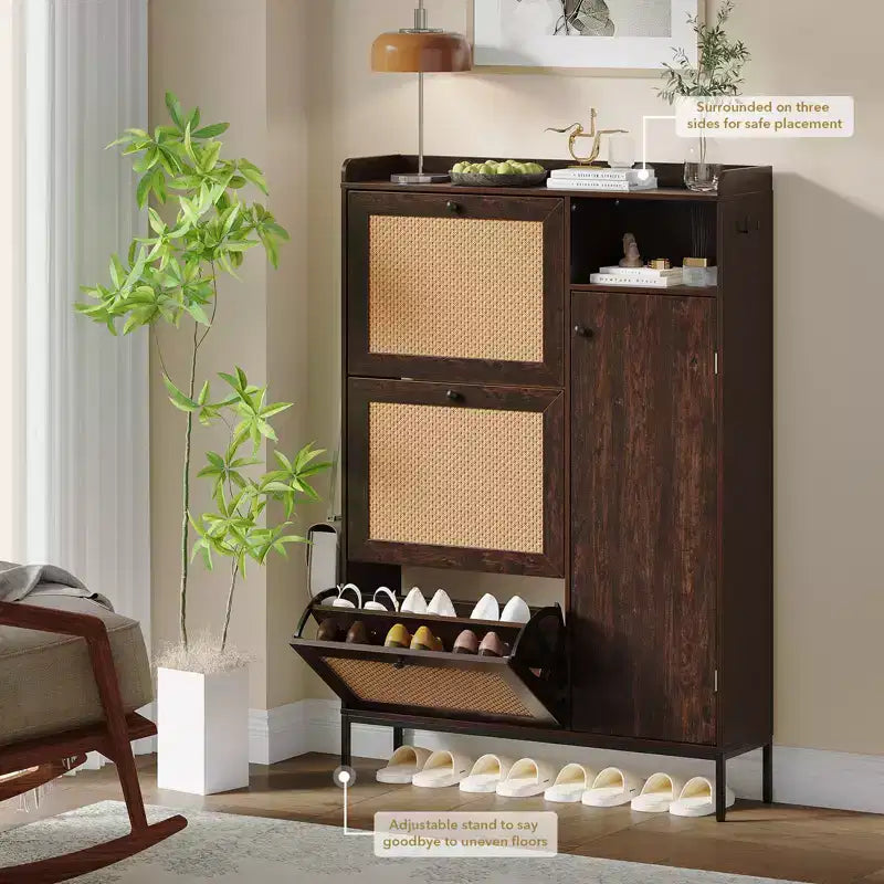 Freestanding Entryway Shoe Cabinet with 3 Flip Drawers, Rattan Hidden Shoe Organizer Cabinet with Adjustable Shelves for Entryway