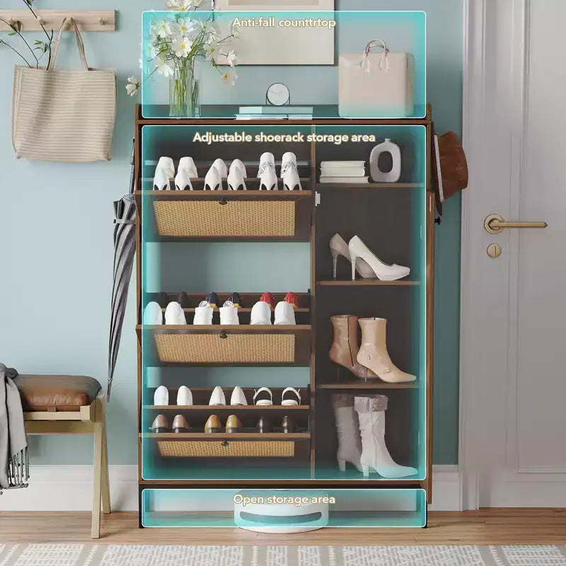 Freestanding Entryway Shoe Cabinet with 3 Flip Drawers, Rattan Hidden Shoe Organizer Cabinet with Adjustable Shelves for Entryway