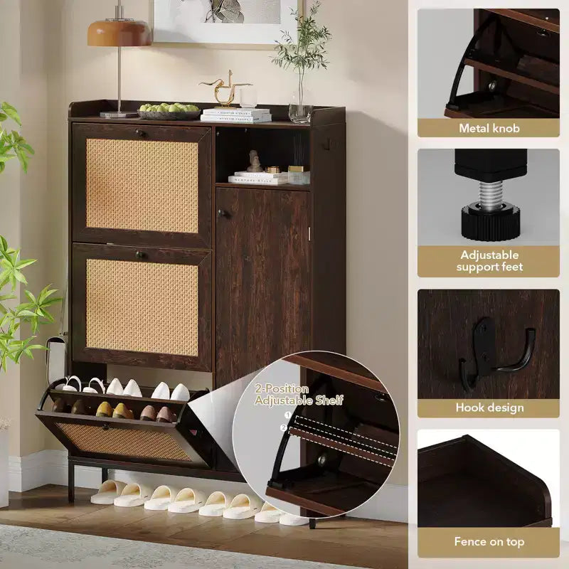 Freestanding Entryway Shoe Cabinet with 3 Flip Drawers, Rattan Hidden Shoe Organizer Cabinet with Adjustable Shelves for Entryway