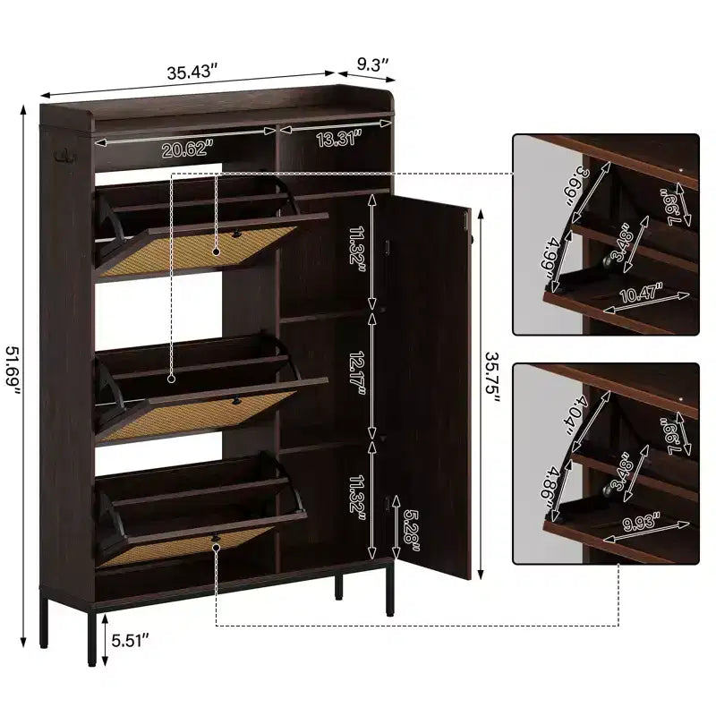 Freestanding Entryway Shoe Cabinet with 3 Flip Drawers, Rattan Hidden Shoe Organizer Cabinet with Adjustable Shelves for Entryway