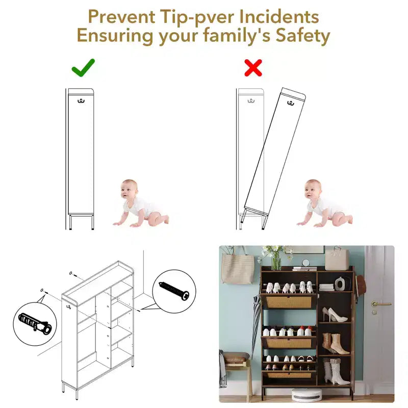 Freestanding Entryway Shoe Cabinet with 3 Flip Drawers, Rattan Hidden Shoe Organizer Cabinet with Adjustable Shelves for Entryway