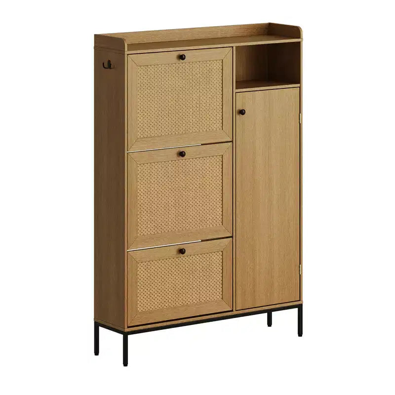Freestanding Entryway Shoe Cabinet with 3 Flip Drawers, Rattan Hidden Shoe Organizer Cabinet with Adjustable Shelves for Entryway