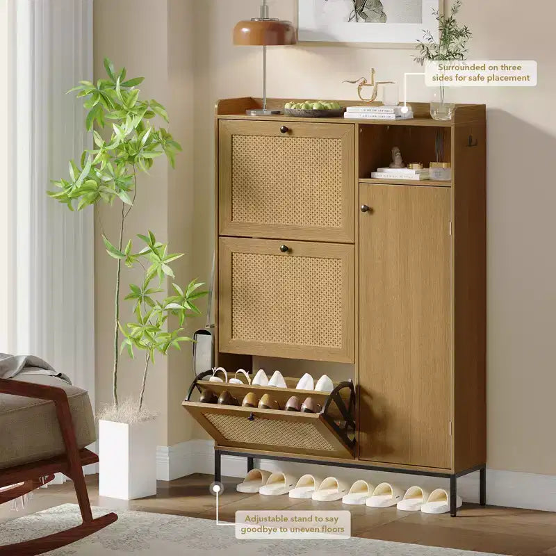 Freestanding Entryway Shoe Cabinet with 3 Flip Drawers, Rattan Hidden Shoe Organizer Cabinet with Adjustable Shelves for Entryway