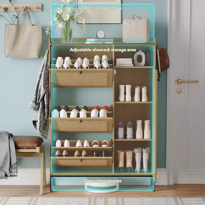 Freestanding Entryway Shoe Cabinet with 3 Flip Drawers, Rattan Hidden Shoe Organizer Cabinet with Adjustable Shelves for Entryway