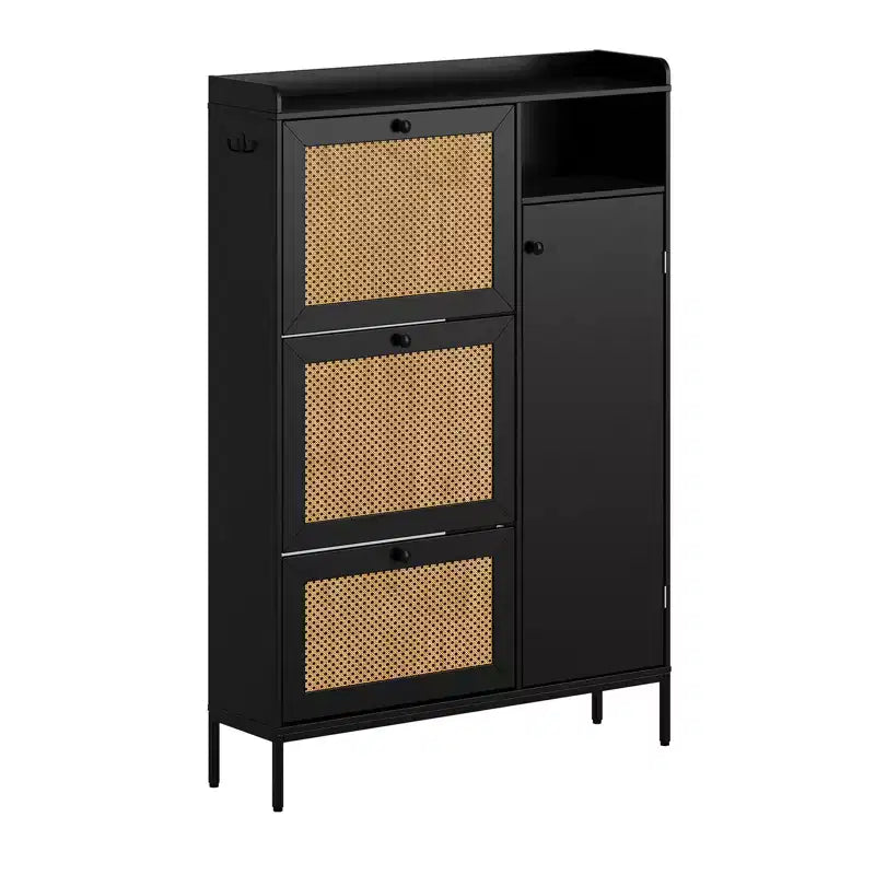 Freestanding Entryway Shoe Cabinet with 3 Flip Drawers, Rattan Hidden Shoe Organizer Cabinet with Adjustable Shelves for Entryway