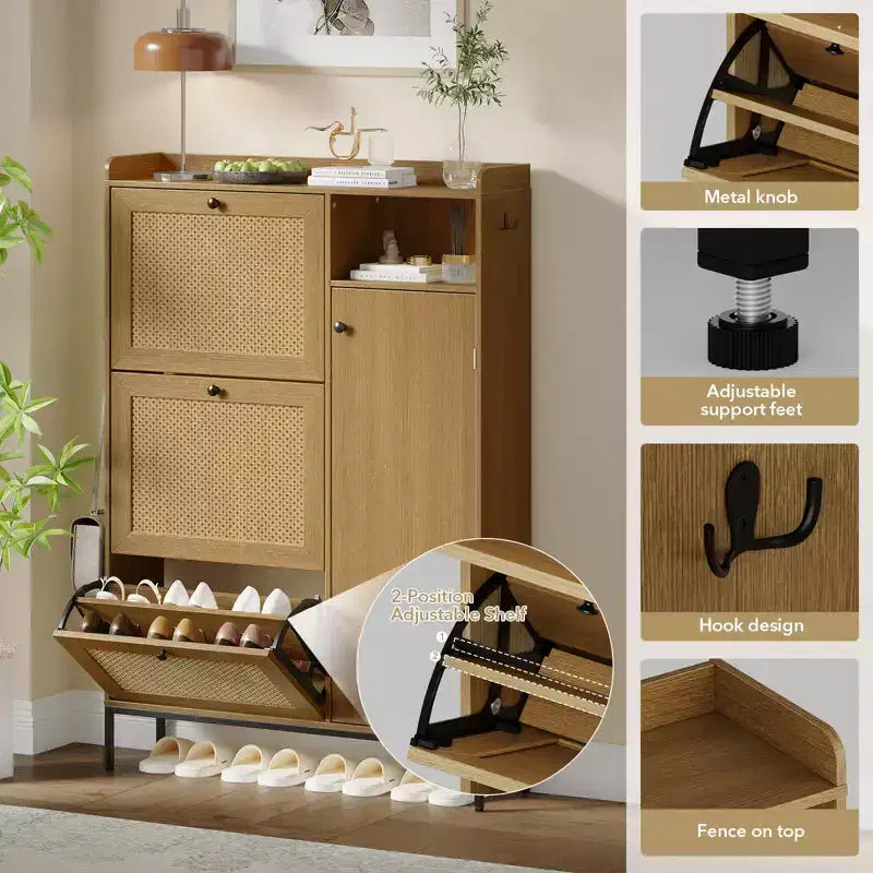 Freestanding Entryway Shoe Cabinet with 3 Flip Drawers, Rattan Hidden Shoe Organizer Cabinet with Adjustable Shelves for Entryway