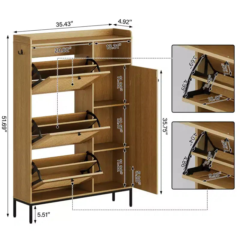 Freestanding Entryway Shoe Cabinet with 3 Flip Drawers, Rattan Hidden Shoe Organizer Cabinet with Adjustable Shelves for Entryway