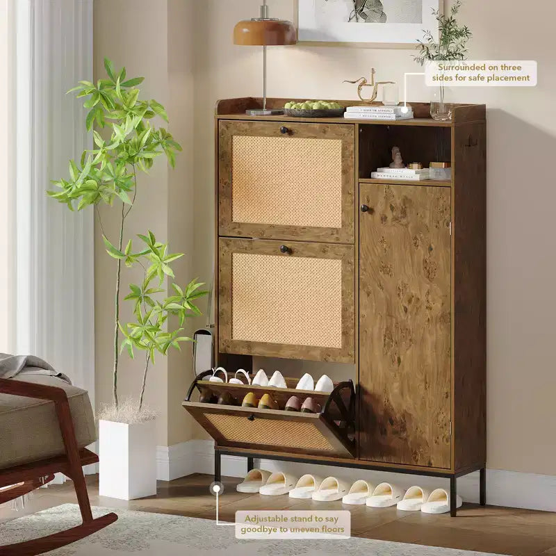 Freestanding Entryway Shoe Cabinet with 3 Flip Drawers, Rattan Hidden Shoe Organizer Cabinet with Adjustable Shelves for Entryway