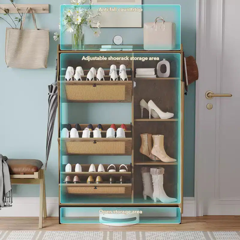 Freestanding Entryway Shoe Cabinet with 3 Flip Drawers, Rattan Hidden Shoe Organizer Cabinet with Adjustable Shelves for Entryway