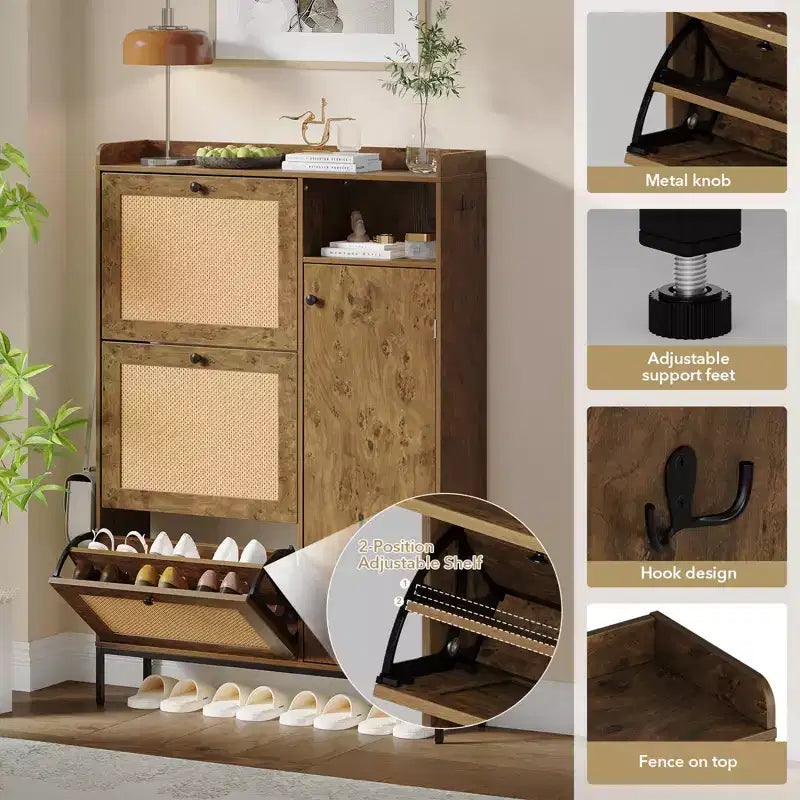 Freestanding Entryway Shoe Cabinet with 3 Flip Drawers, Rattan Hidden Shoe Organizer Cabinet with Adjustable Shelves for Entryway