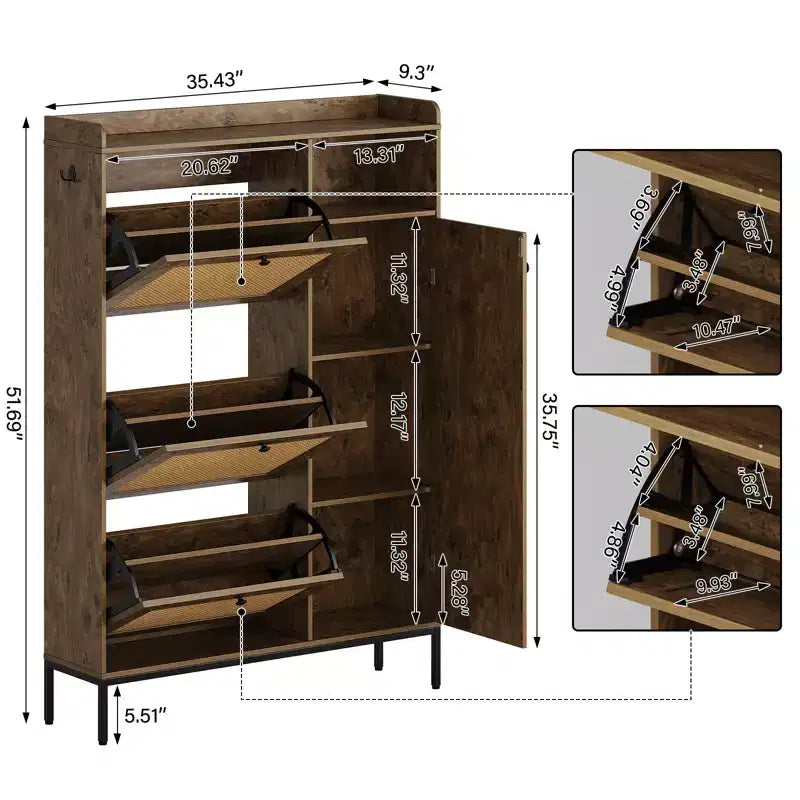 Freestanding Entryway Shoe Cabinet with 3 Flip Drawers, Rattan Hidden Shoe Organizer Cabinet with Adjustable Shelves for Entryway