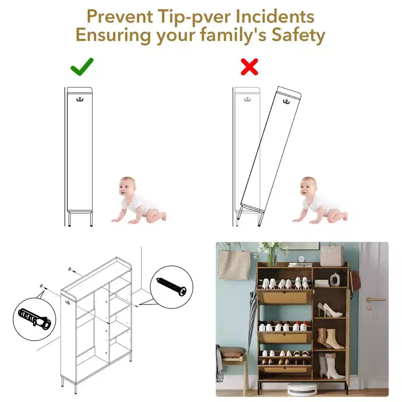 Freestanding Entryway Shoe Cabinet with 3 Flip Drawers, Rattan Hidden Shoe Organizer Cabinet with Adjustable Shelves for Entryway