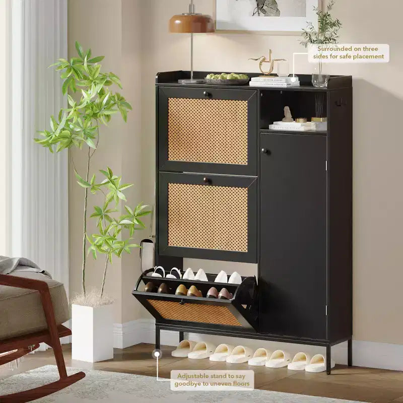 Freestanding Entryway Shoe Cabinet with 3 Flip Drawers, Rattan Hidden Shoe Organizer Cabinet with Adjustable Shelves for Entryway