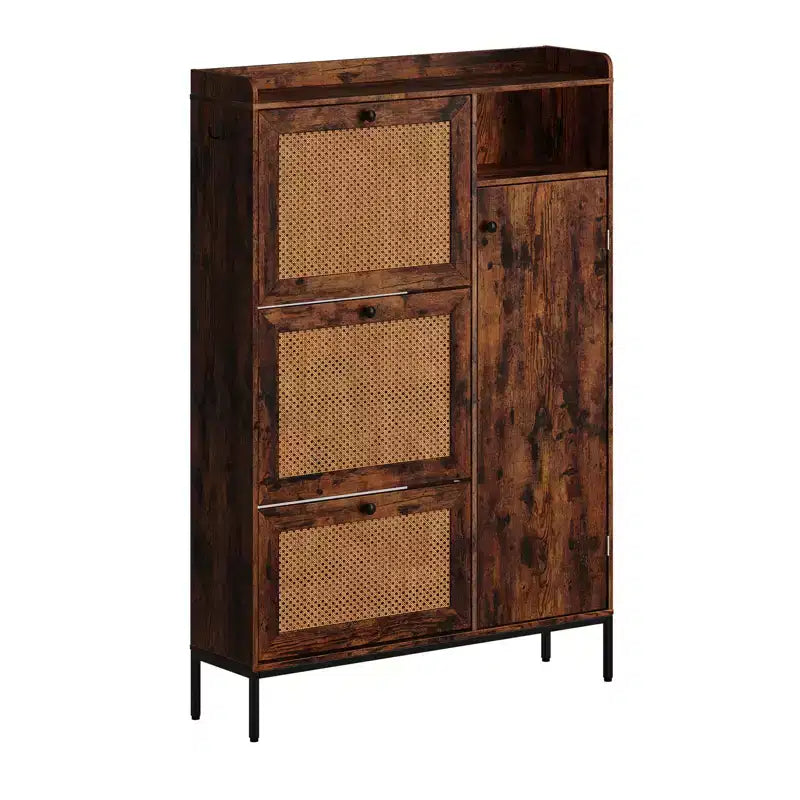 Freestanding Entryway Shoe Cabinet with 3 Flip Drawers, Rattan Hidden Shoe Organizer Cabinet with Adjustable Shelves for Entryway