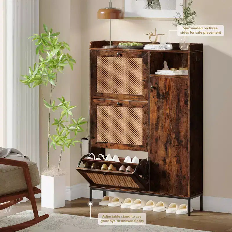 Freestanding Entryway Shoe Cabinet with 3 Flip Drawers, Rattan Hidden Shoe Organizer Cabinet with Adjustable Shelves for Entryway
