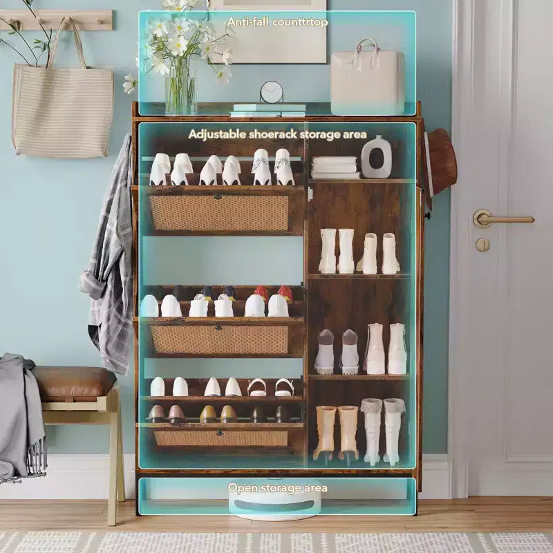 Freestanding Entryway Shoe Cabinet with 3 Flip Drawers, Rattan Hidden Shoe Organizer Cabinet with Adjustable Shelves for Entryway