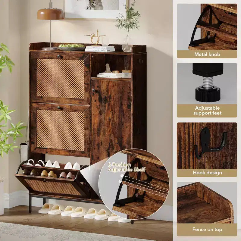 Freestanding Entryway Shoe Cabinet with 3 Flip Drawers, Rattan Hidden Shoe Organizer Cabinet with Adjustable Shelves for Entryway