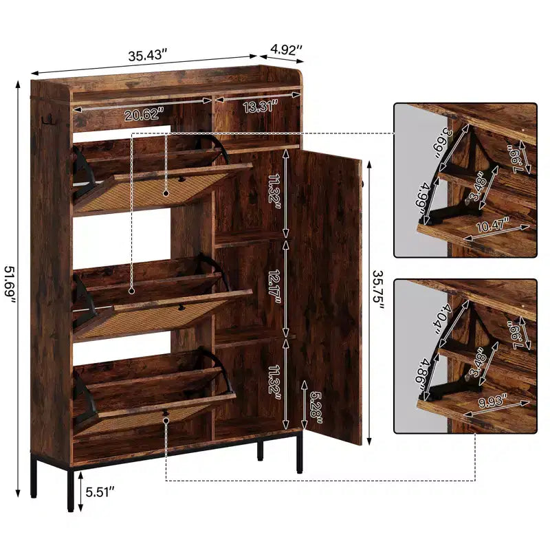 Freestanding Entryway Shoe Cabinet with 3 Flip Drawers, Rattan Hidden Shoe Organizer Cabinet with Adjustable Shelves for Entryway