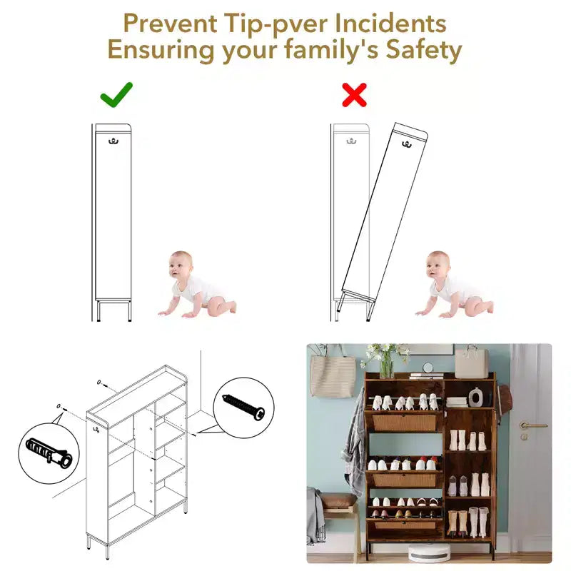 Freestanding Entryway Shoe Cabinet with 3 Flip Drawers, Rattan Hidden Shoe Organizer Cabinet with Adjustable Shelves for Entryway