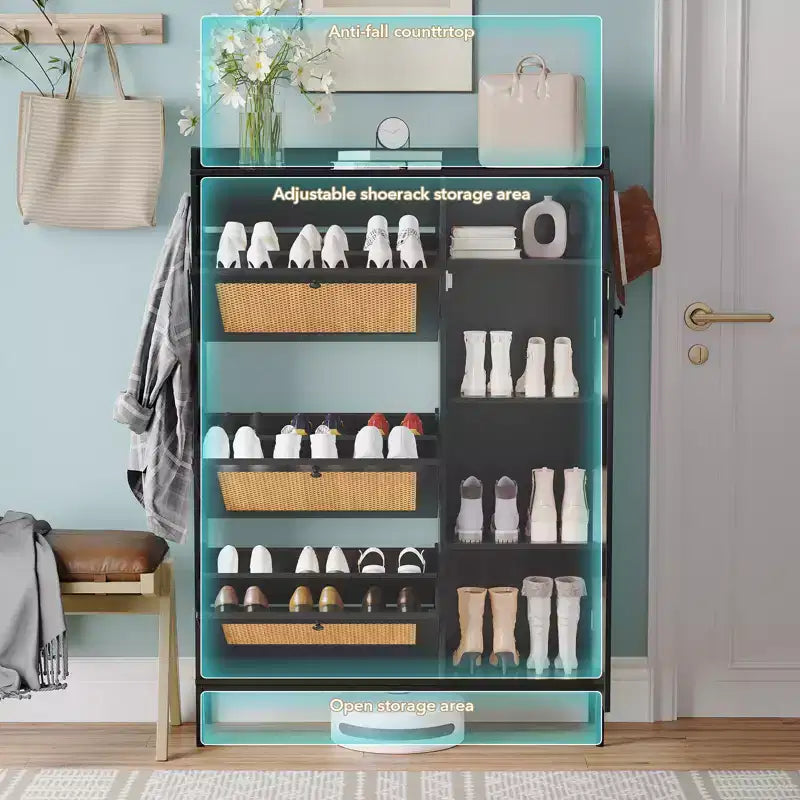 Freestanding Entryway Shoe Cabinet with 3 Flip Drawers, Rattan Hidden Shoe Organizer Cabinet with Adjustable Shelves for Entryway