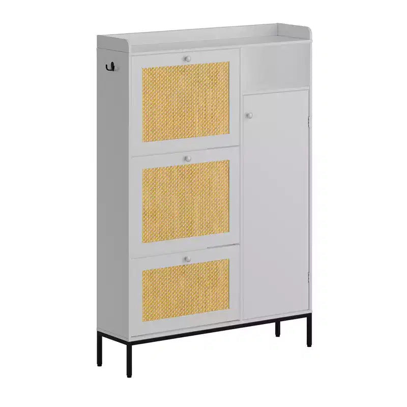 Freestanding Entryway Shoe Cabinet with 3 Flip Drawers, Rattan Hidden Shoe Organizer Cabinet with Adjustable Shelves for Entryway
