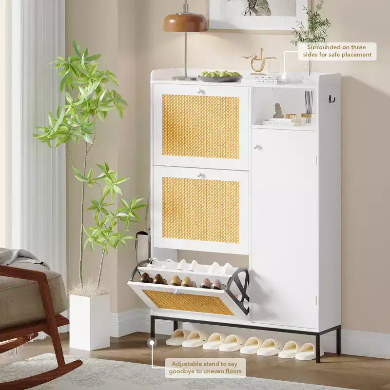 Freestanding Entryway Shoe Cabinet with 3 Flip Drawers, Rattan Hidden Shoe Organizer Cabinet with Adjustable Shelves for Entryway