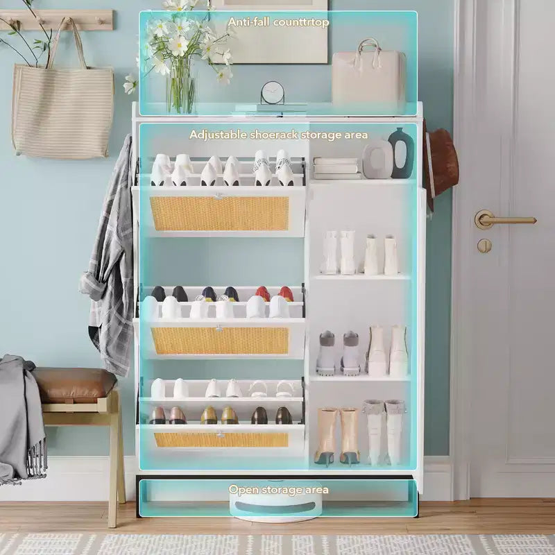 Freestanding Entryway Shoe Cabinet with 3 Flip Drawers, Rattan Hidden Shoe Organizer Cabinet with Adjustable Shelves for Entryway