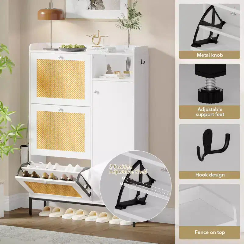Freestanding Entryway Shoe Cabinet with 3 Flip Drawers, Rattan Hidden Shoe Organizer Cabinet with Adjustable Shelves for Entryway