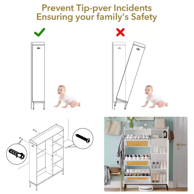 Freestanding Entryway Shoe Cabinet with 3 Flip Drawers, Rattan Hidden Shoe Organizer Cabinet with Adjustable Shelves for Entryway