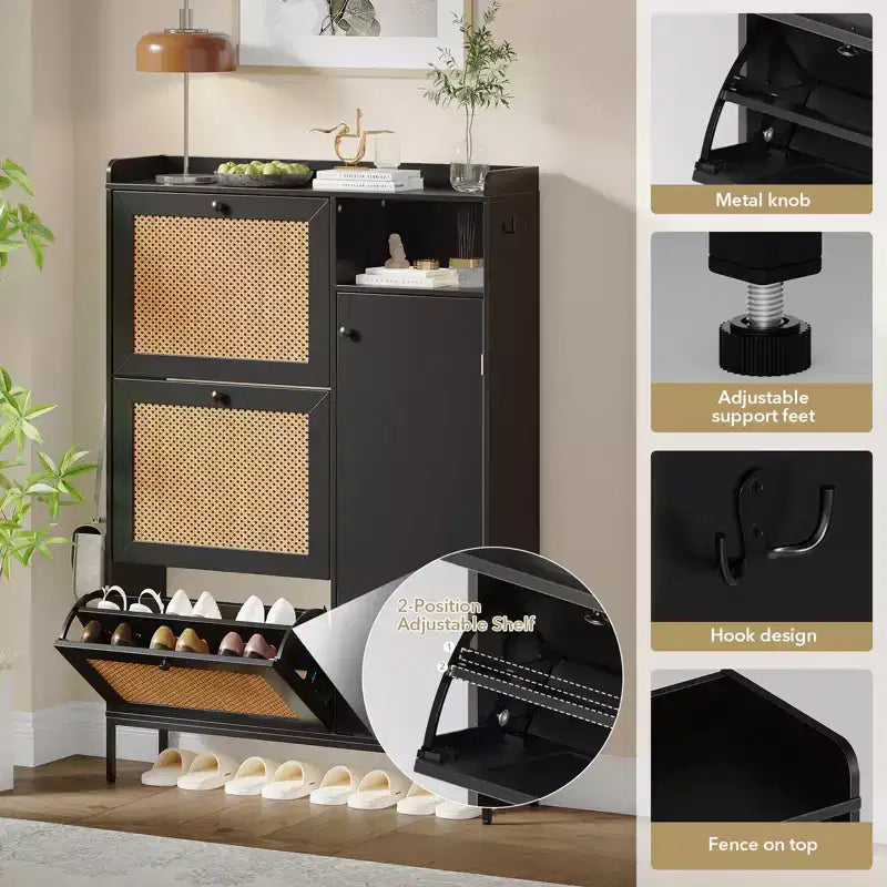 Freestanding Entryway Shoe Cabinet with 3 Flip Drawers, Rattan Hidden Shoe Organizer Cabinet with Adjustable Shelves for Entryway