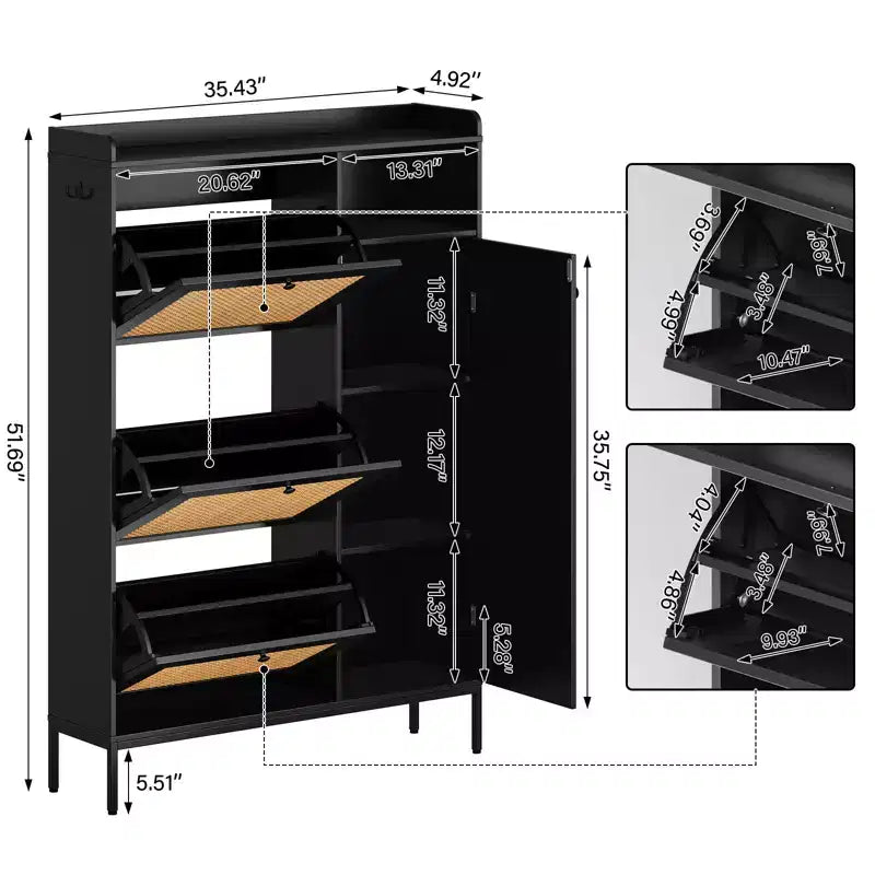 Freestanding Entryway Shoe Cabinet with 3 Flip Drawers, Rattan Hidden Shoe Organizer Cabinet with Adjustable Shelves for Entryway