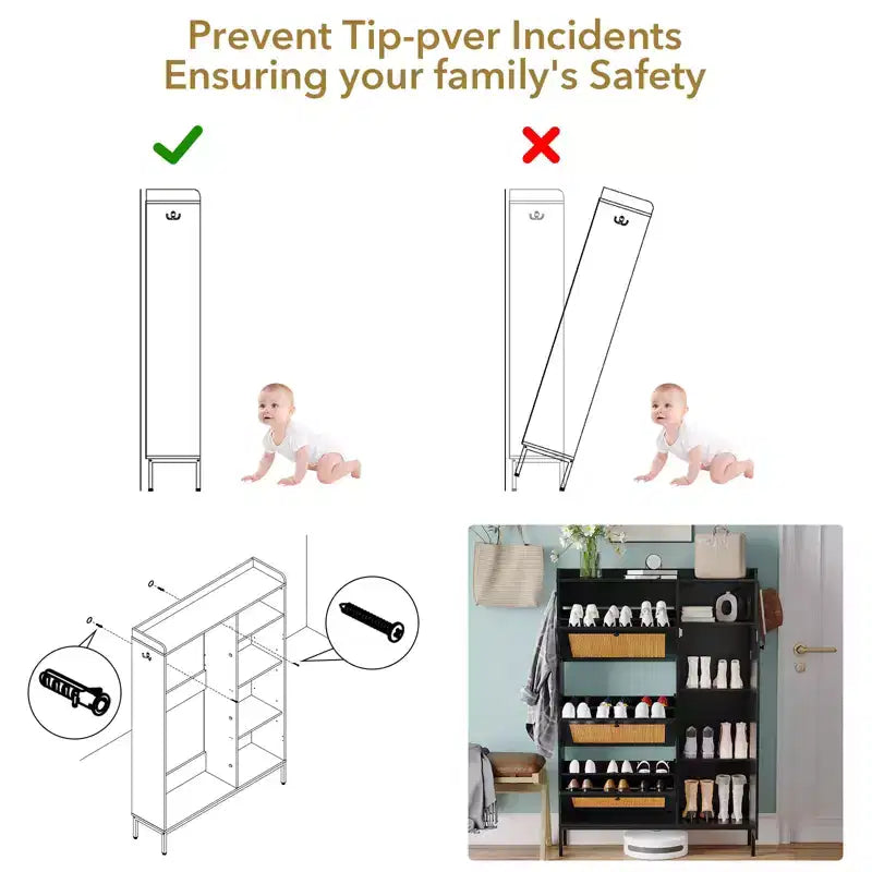 Freestanding Entryway Shoe Cabinet with 3 Flip Drawers, Rattan Hidden Shoe Organizer Cabinet with Adjustable Shelves for Entryway