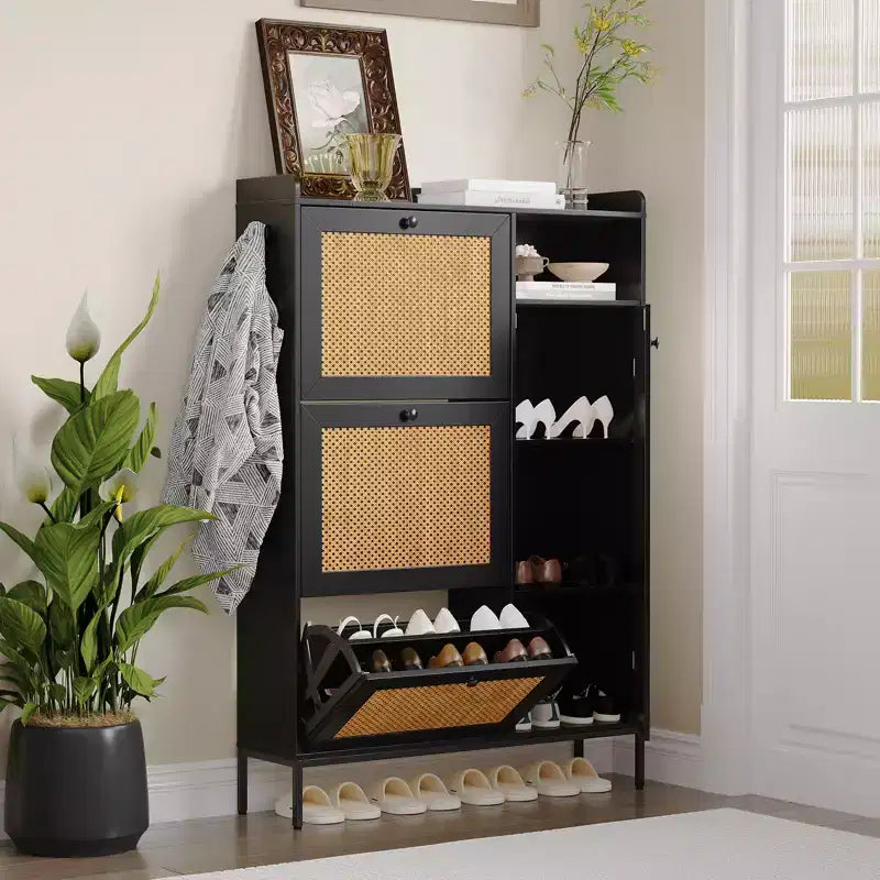 Freestanding Entryway Shoe Cabinet with 3 Flip Drawers, Rattan Hidden Shoe Organizer Cabinet with Adjustable Shelves for Entryway