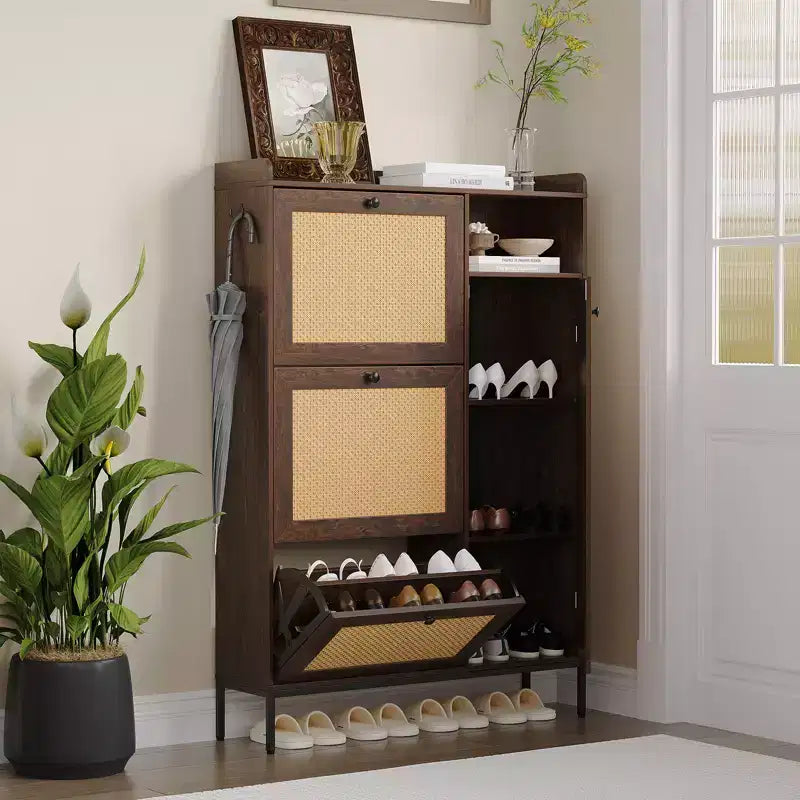 Freestanding Entryway Shoe Cabinet with 3 Flip Drawers, Rattan Hidden Shoe Organizer Cabinet with Adjustable Shelves for Entryway