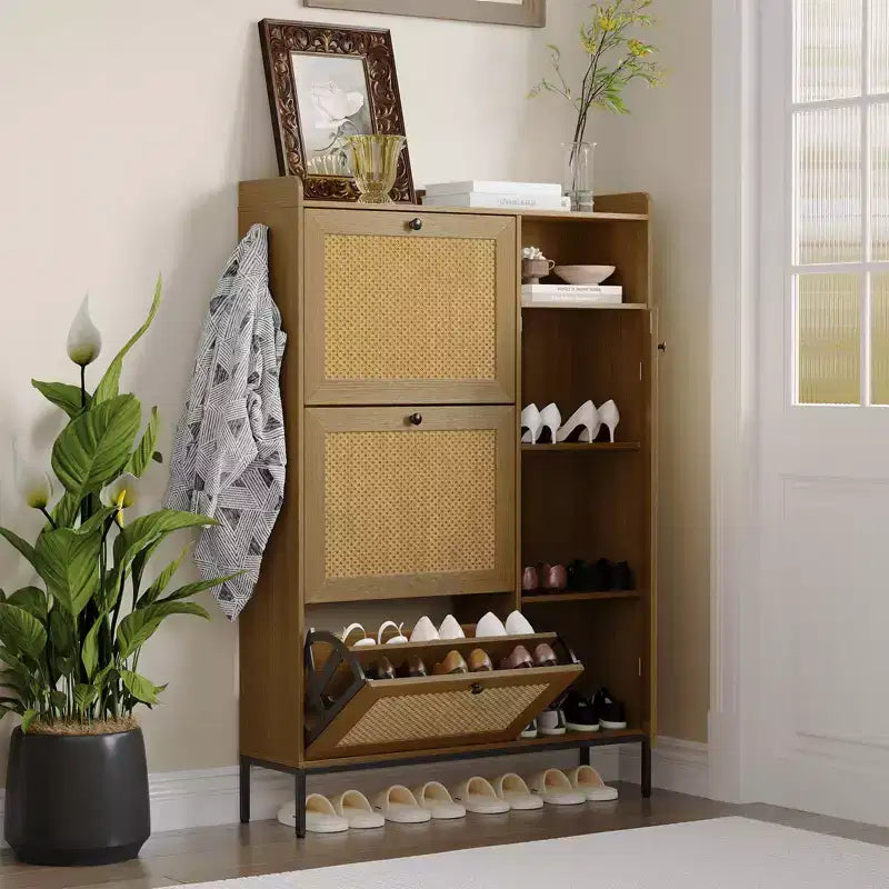 Freestanding Entryway Shoe Cabinet with 3 Flip Drawers, Rattan Hidden Shoe Organizer Cabinet with Adjustable Shelves for Entryway