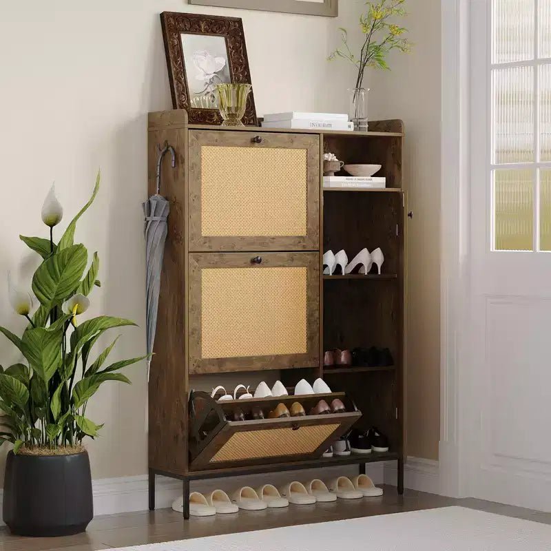 Freestanding Entryway Shoe Cabinet with 3 Flip Drawers, Rattan Hidden Shoe Organizer Cabinet with Adjustable Shelves for Entryway